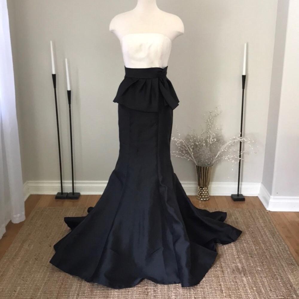 Mac Duggal Black + white peplum mermaid dress